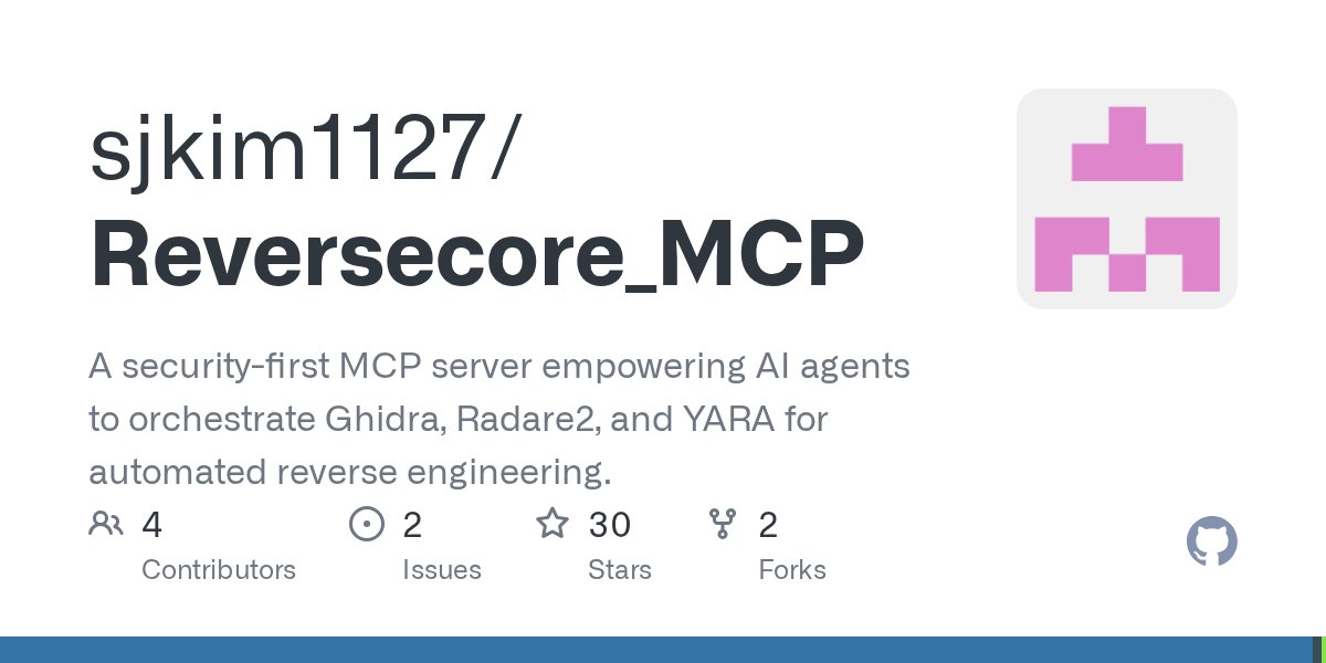 Dinosn's tweet card. A security-first MCP server empowering AI agents to orchestrate Ghidra, Radare2, and YARA for automated reverse engineering. - sjkim1127/Reversecore_MCP