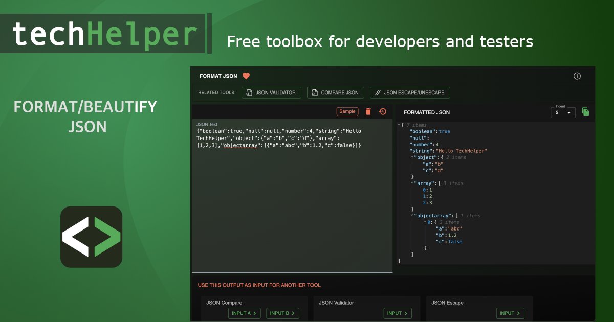 techhelper_app's tweet card. Validate json strings and format messed up json strings to pretty format json form with required indentation. With history support, you can use previosly used input strings. The formatted json could...