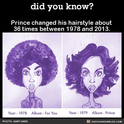 DekdOutDeco's tweet card. did-you-kno: “Prince changed his hairstyle about 36 times between 1978 and 2013. Source Images by Gary Card ”