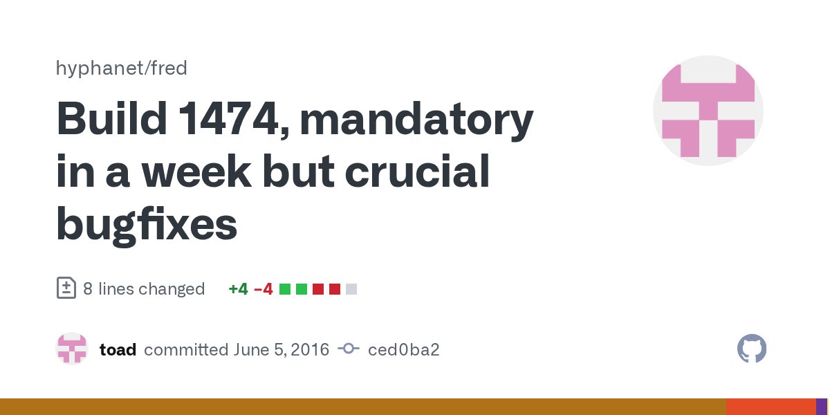 freenet_changes's tweet card. Build 1474, mandatory in a week but crucial bugfixes · hyphanet/fred@ced0ba2