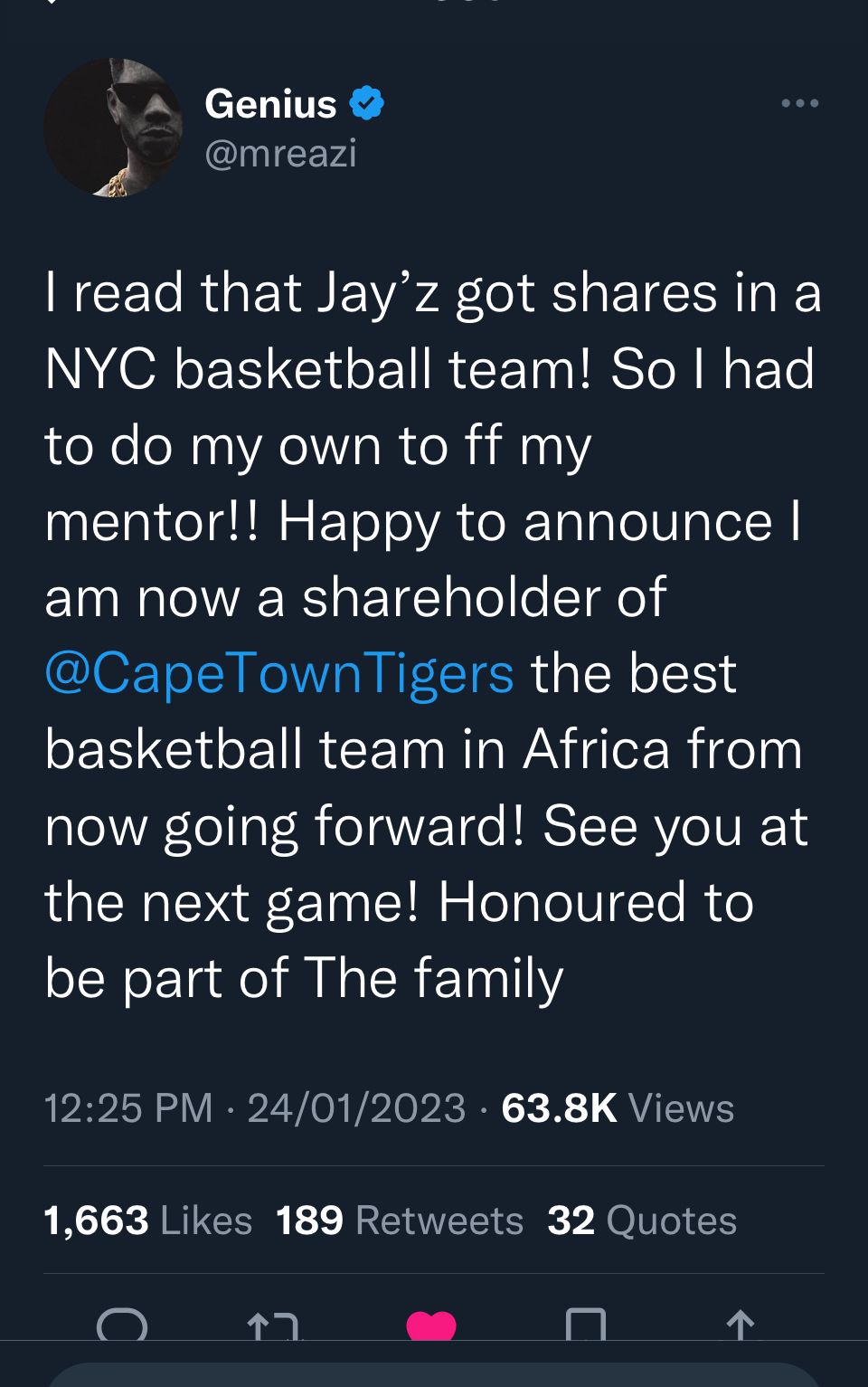 Ibrahimsagna's tweet card. #WeOnlyGettingStarted Proud to announce that music mogul, tech & sport investor Oluwatosin “ Mr Eazi ” Ajibade has officially become an investor in the Cape Town Tigers. We are genuinely touched and...
