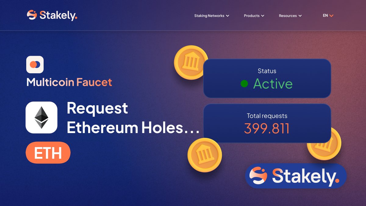 ProgrammingBao's tweet card. Request Testnet tokens for Ethereum Holesky Testnet with Stakely's Faucet. Perfect for development, testing, and network fee coverage.