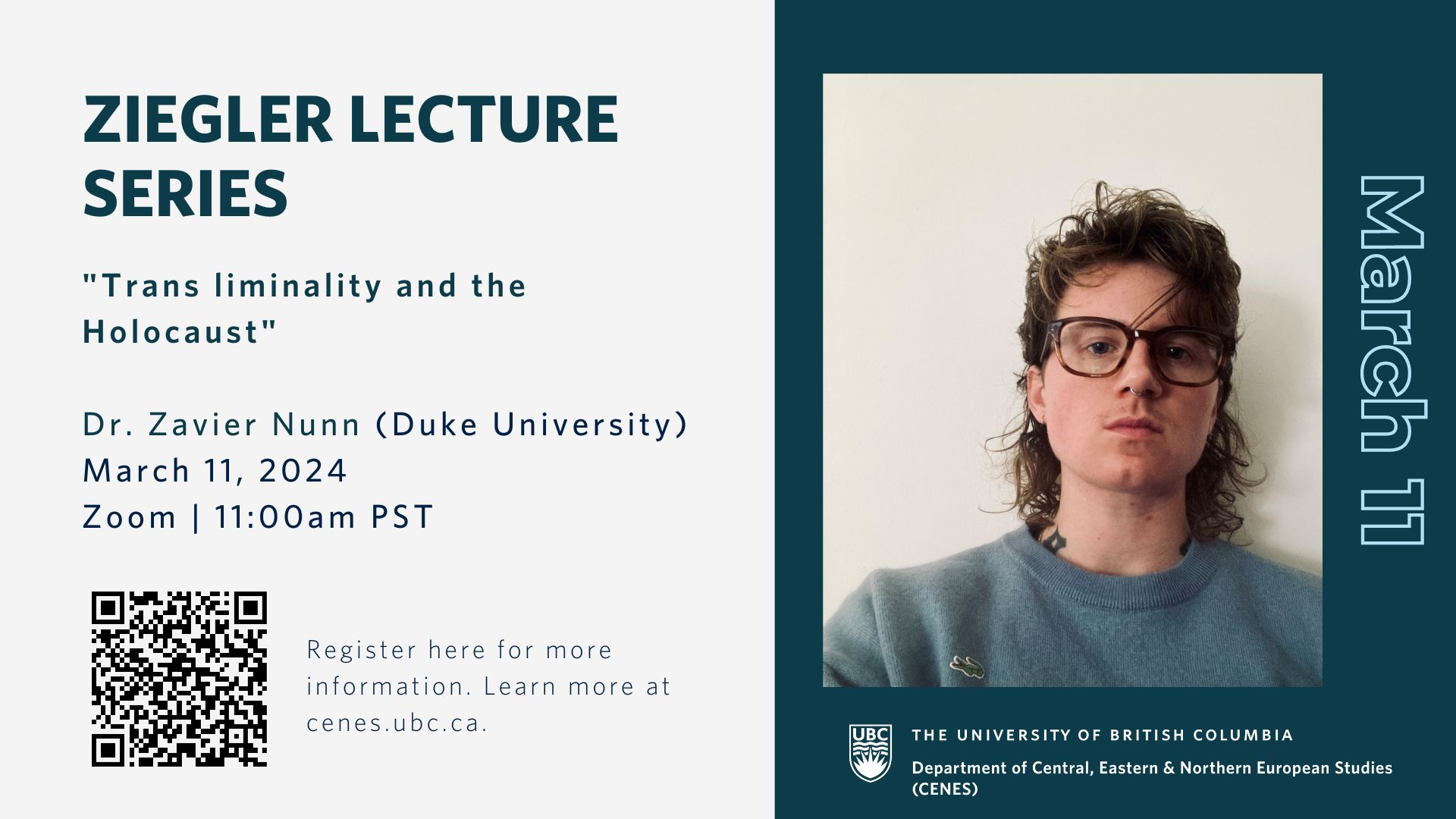 cenesubc's tweet card. Join us on March 11th at 11am PST for an online Ziegler Lecture featuring Zavier Nunn (Duke University). 