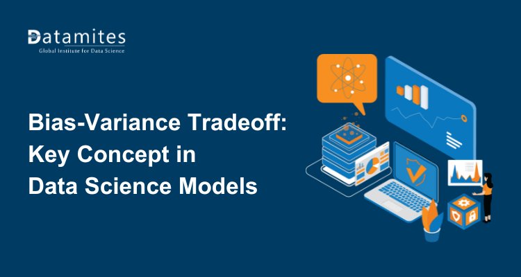 DataMites's tweet card. The bias-variance tradeoff explains how model complexity affects prediction accuracy in data science. It highlights the need to balance bias and variance to achieve optimal model performance and...