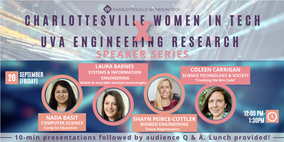 codeforcville's tweet card. Come join us for lunch at the Charlottesville Women in Tech X UVA Engineering Research Speaker Series