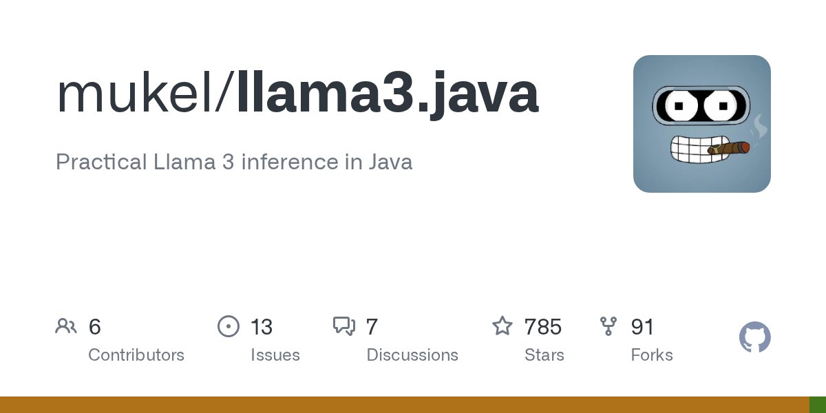 TheMukel's tweet card. Practical Llama 3 inference in Java. Contribute to mukel/llama3.java development by creating an account on GitHub.