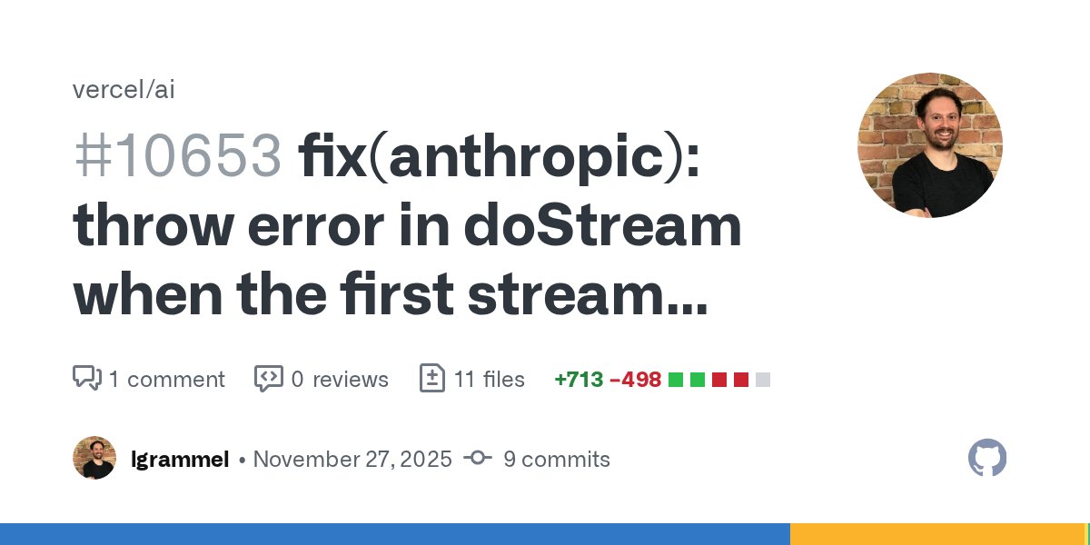 lgrammel's tweet card. Background The Anthropic API sends a 200 responses for streaming requests when overloaded, and includes error chunks in the stream. This breaks the AI SDK retry mechanism which relies on HTTP statu...