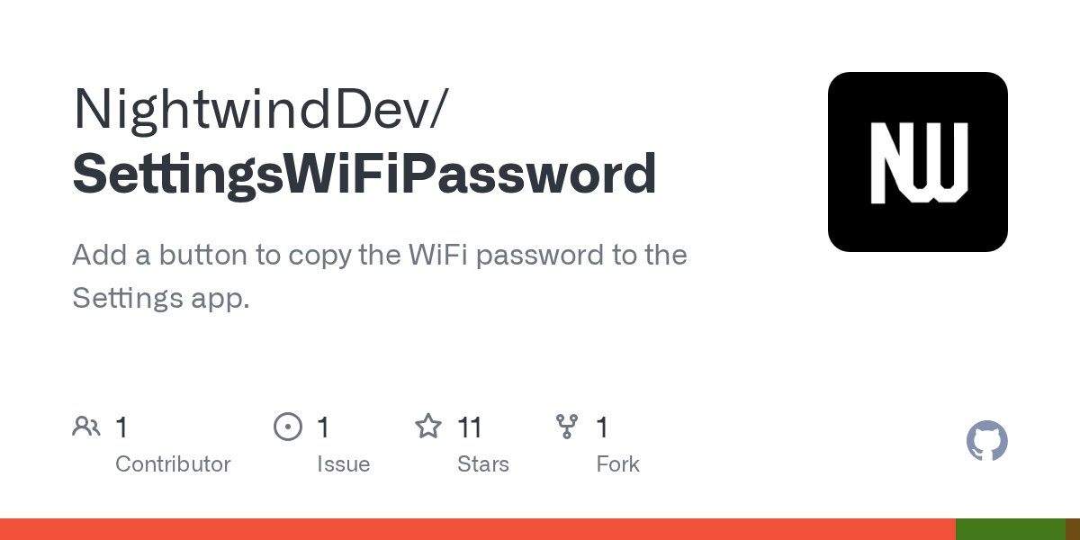 onejailbreak_'s tweet card. Add a button to copy the WiFi password to the Settings app. - NightwindDev/SettingsWiFiPassword