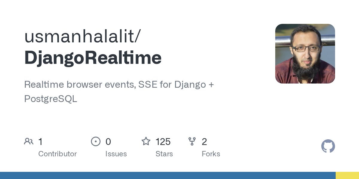 pycoders's tweet card. Realtime browser events, SSE for Django + PostgreSQL - usmanhalalit/DjangoRealtime
