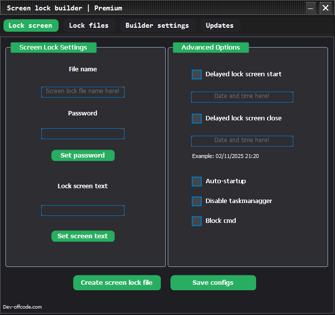 OffCryptAndroid's tweet card. Premium Windows screen lock builder with Save/Load configs, folder lock, website blocking, UI themes, and AES-256-GCM encryption for professional use.
