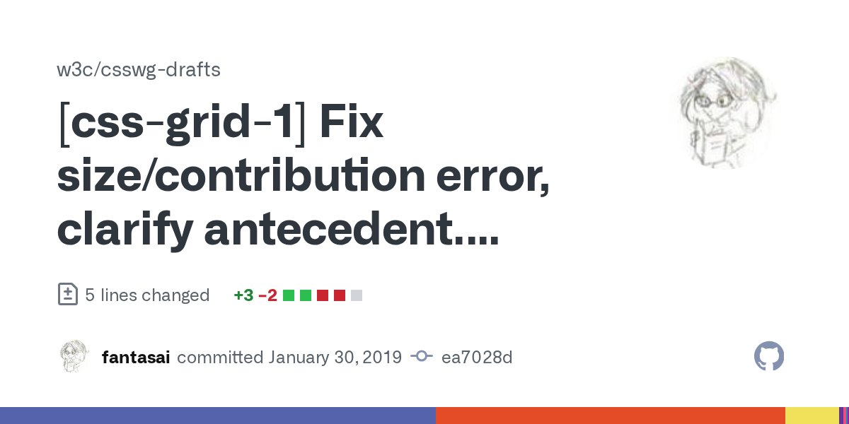 CSScommits's tweet card. [css-grid-1] Fix size/contribution error, clarify antecedent. #3565 · w3c/csswg-drafts@ea7028d
