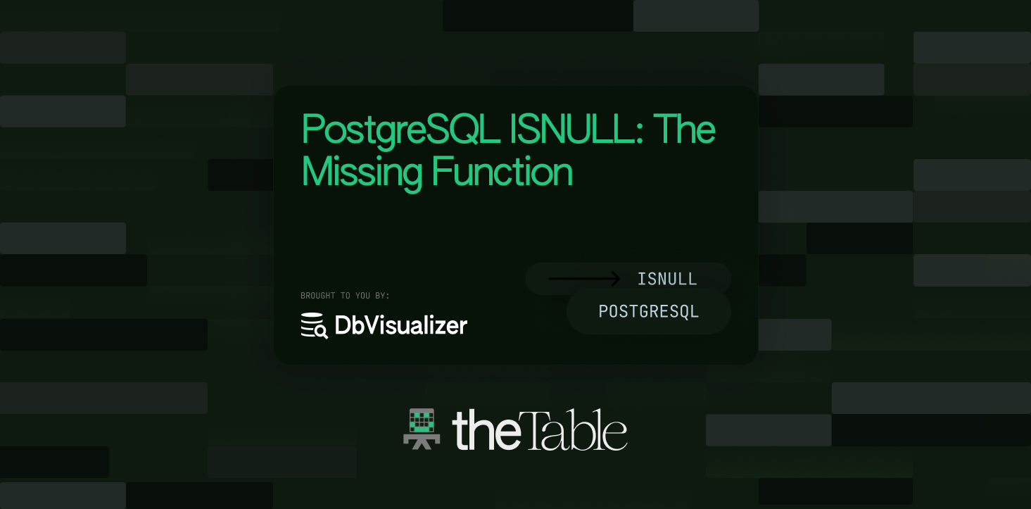 dbvisualizer's tweet card. Let’s figure out whether or not the PostgreSQL ISNULL function exists and explore ISNULL function alternatives and example list to get the same functionality.