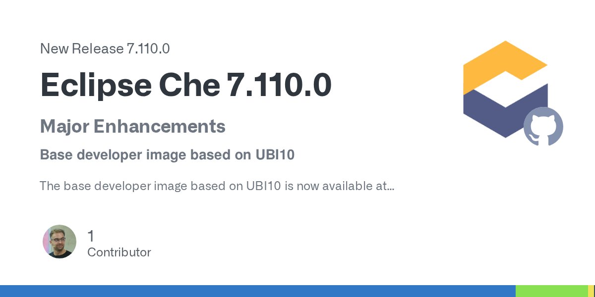 eclipse_che's tweet card. Major Enhancements Base developer image based on UBI10 The base developer image based on UBI10 is now available at quay.io/devfile/base-developer-image:ubi10-latest. DevWorkspace Operator 0.37.0 Th...