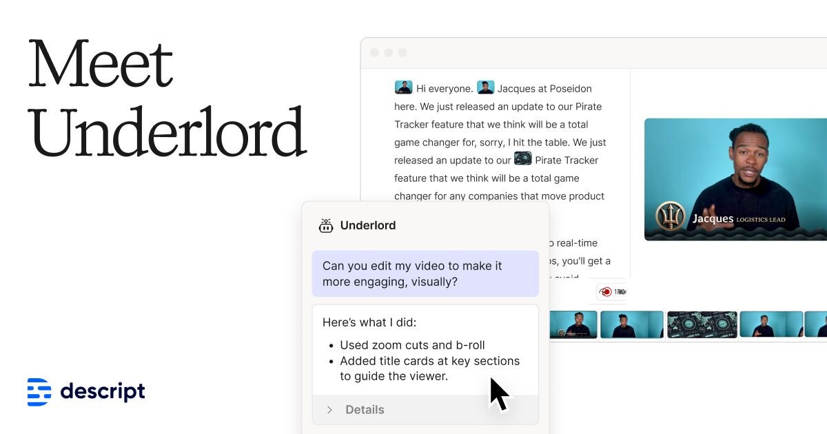 DescriptApp's tweet card. Edit faster with Descript’s AI video editor—Underlord. Built to plan, execute, and adjust your videos with precision. You direct, Underlord delivers.