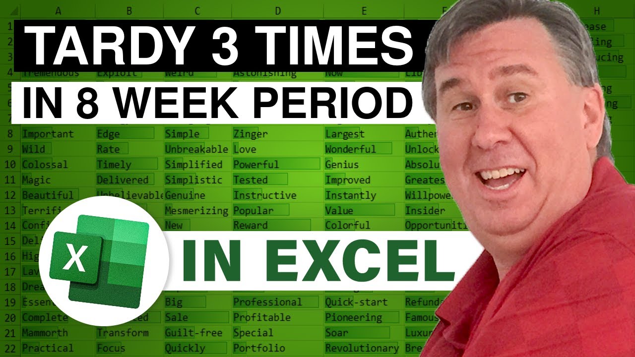 MrExcel's tweet card. Excel - Tardy 4 Times in 8 Weeks - Episode 1870