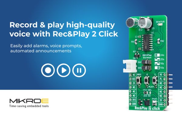TimestechBuzz's tweet card. Rec&Play 2 Click delivers high-quality voice recording and playback.Powered by the ISD1616B single-message voice record and playback IC from Nuvoton, the compact add-on board offers exceptional audio...