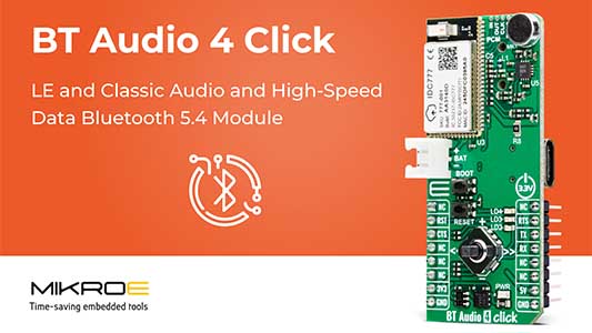 era_electronics's tweet card. BT Audio 4 Click is a compact add-on boardfrom MIKROE, the embedded solutions company that dramatically cuts development time by providing innovative
