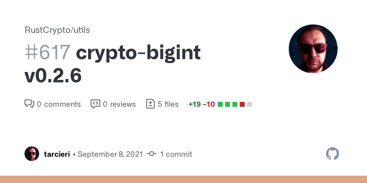 RustCryptoOrg's tweet card. Added Integer trait (#612) ShrAssign impl for UInt (#615) Recursive Length Prefix (RLP) encoding support for UInt (#616)