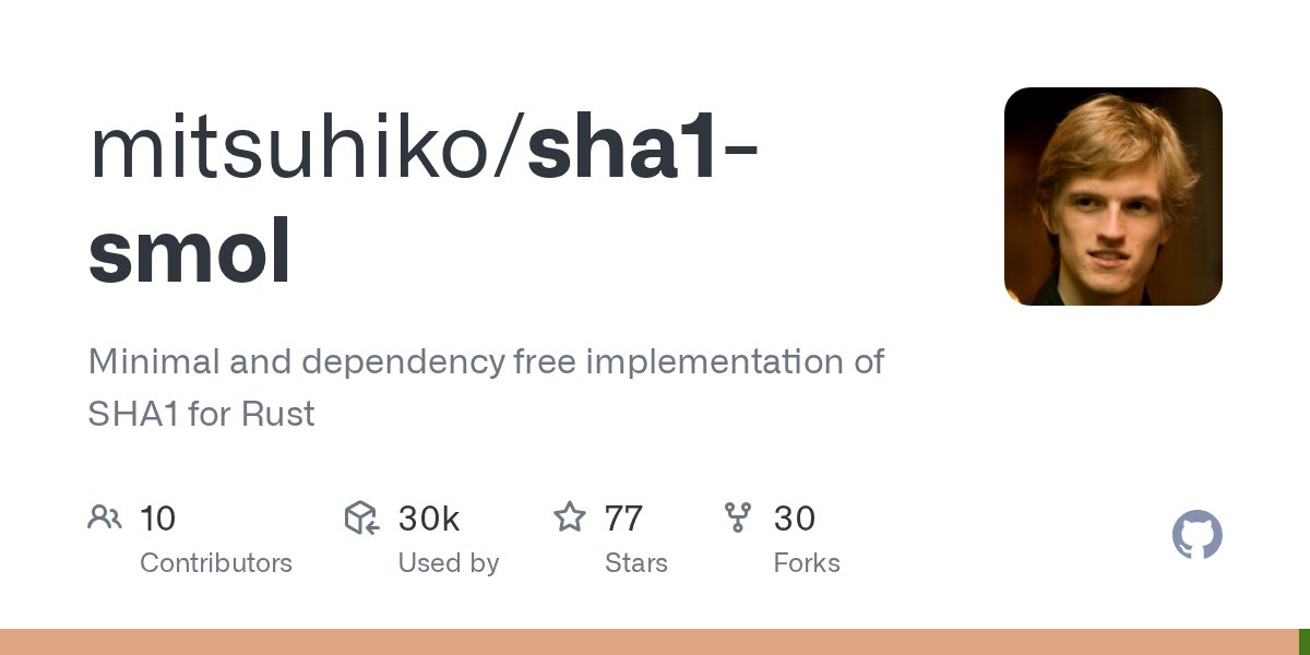 mitsuhiko's tweet card. Minimal and dependency free implementation of SHA1 for Rust - mitsuhiko/sha1-smol