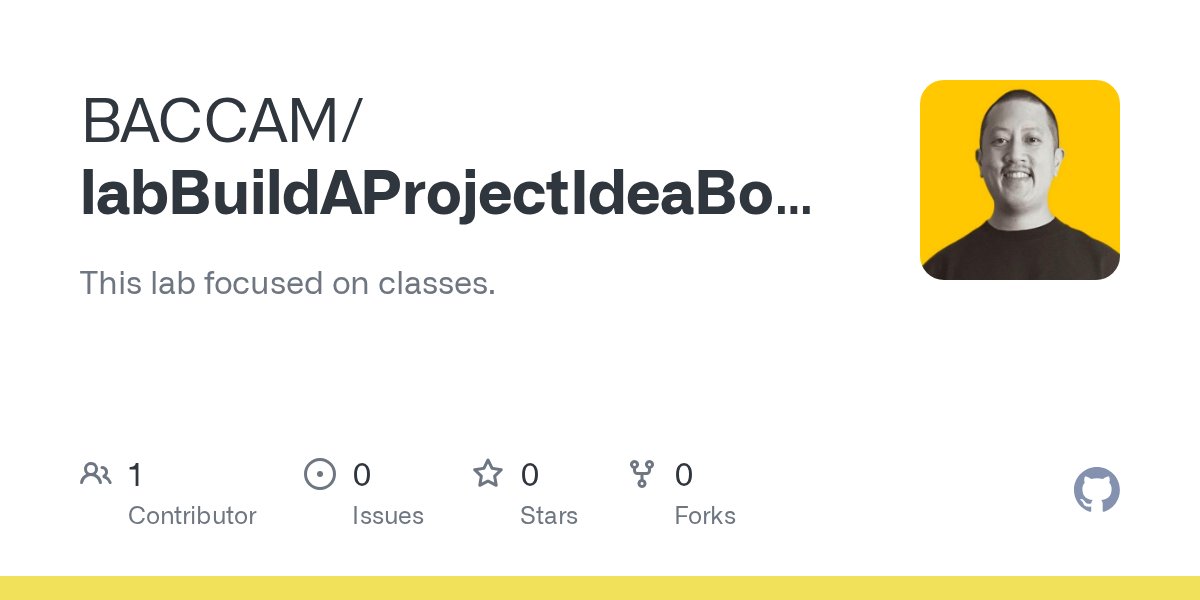 BILLYBACCAM's tweet card. This lab focused on classes. Contribute to BACCAM/labBuildAProjectIdeaBoard development by creating an account on GitHub.