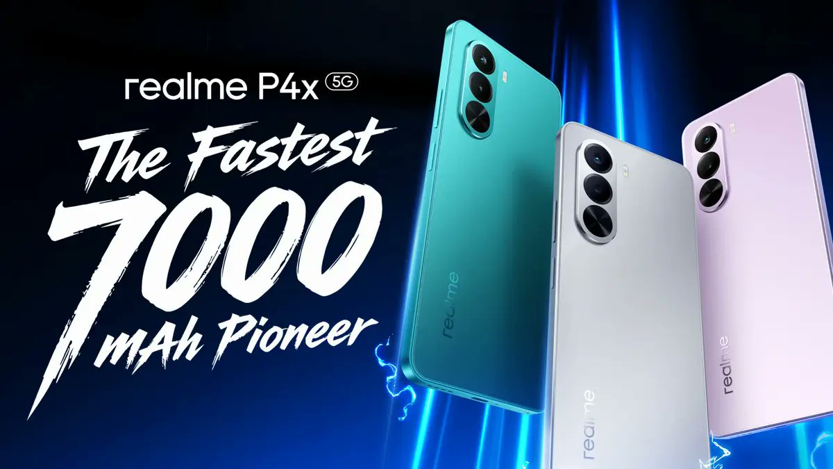 telfonak's tweet card. ريلمي تطلق Realme P4x رسميًا بشاشة 144Hz وبطارية 7000mAh ومعالج Dimensity 7400 Ultra، مع خيارات تخزين متعددة وسعر يبدأ من 180 دولار.
