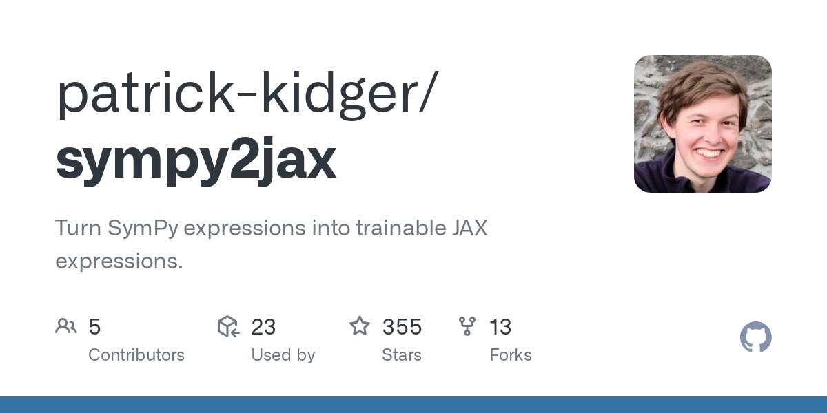 PatrickKidger's tweet card. Turn SymPy expressions into trainable JAX expressions. - patrick-kidger/sympy2jax