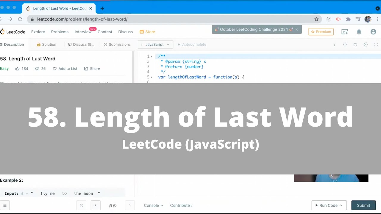 coding_david's tweet card. How To Solve "58. Length of Last Word" on LeetCode - JavaScript Easy