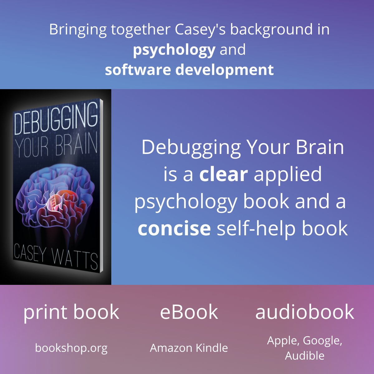 dcjavascript's tweet card. Psychology techniques to rewire your brain using software development metaphors. “Someone wrote the documentation I actually needed!" — Sean, Software Developer