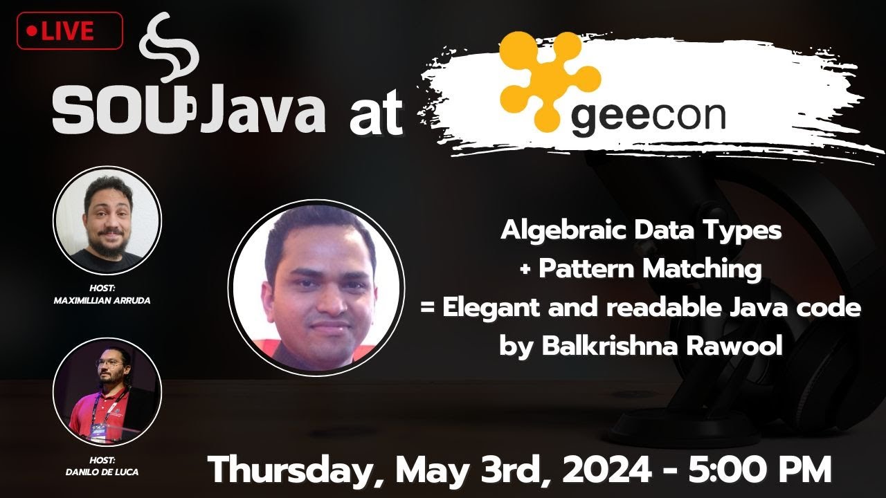 danilopdl's tweet card. SouJava na Geecon - Algebraic Data Types+Pattern Matching=Elegant...