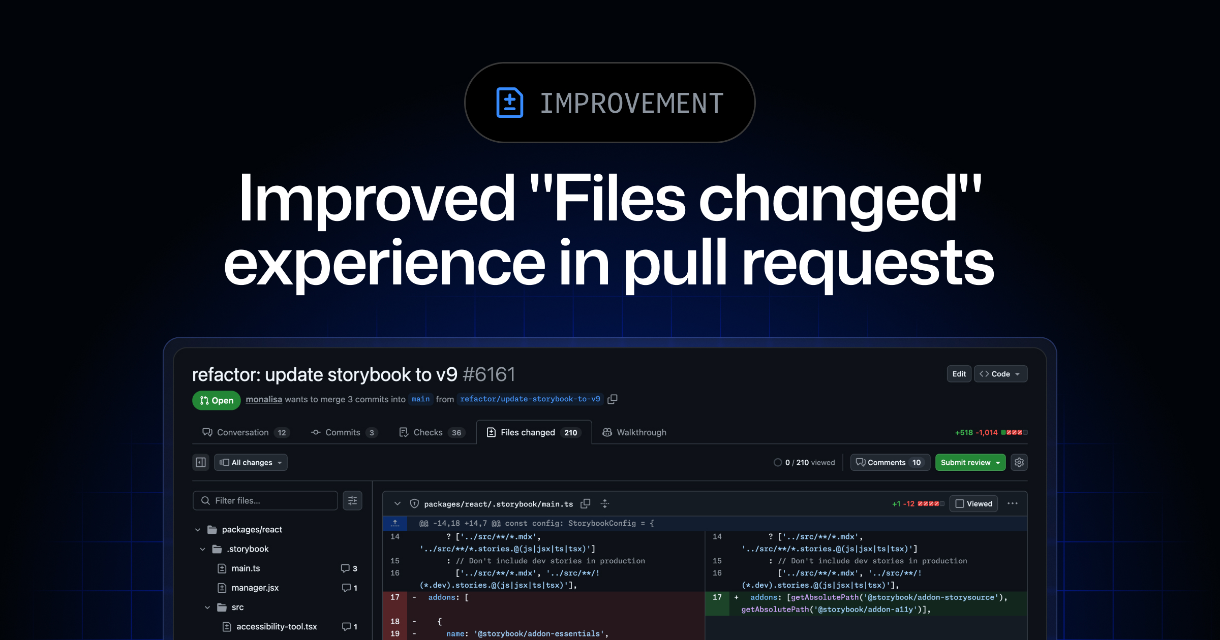 lioncoding's tweet card. An improved, more accessible, and better performing pull request “Files changed” page is now available in public preview! This improved experience is rolling out now. Once it is available to…