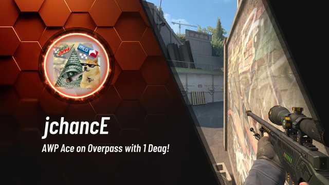 jchancEcsgo's tweet card. AWP Ace on Overpass with 1 Deag!
