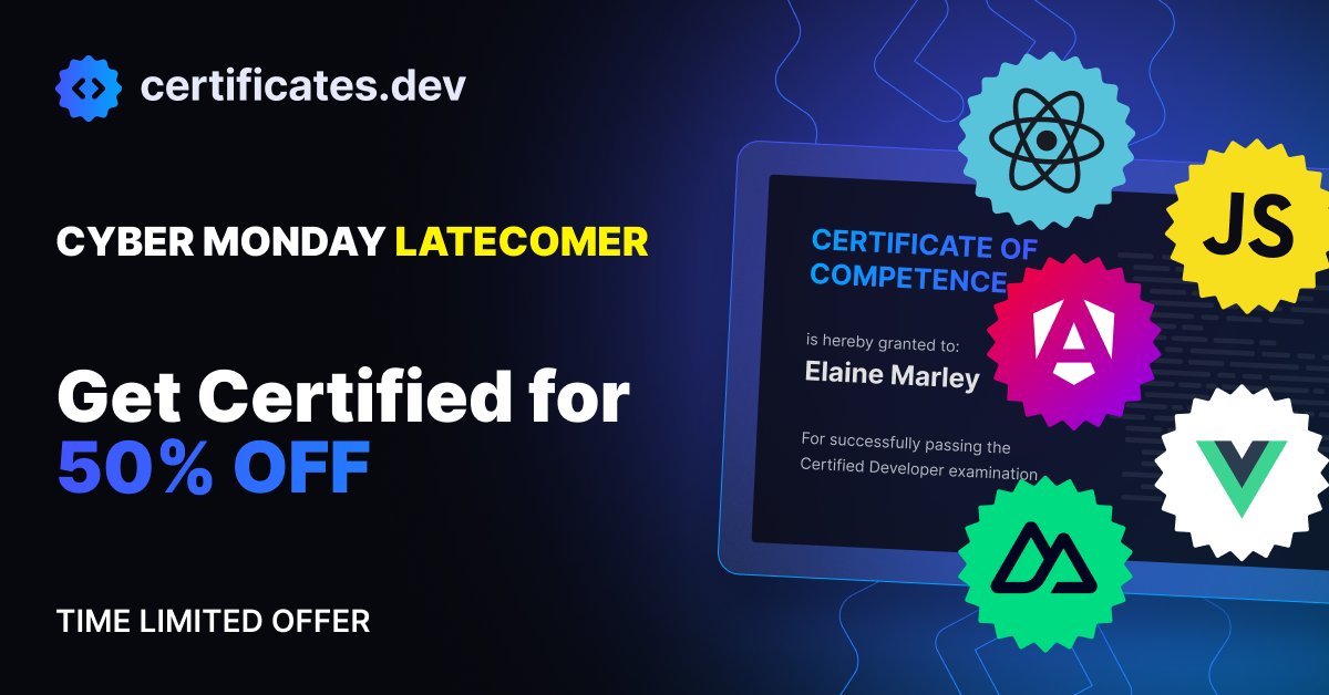CertificatesDev's tweet card. Get Certified! Have your developer skills validated and stand out in the crowd for promotions and new positions.