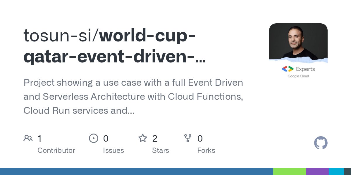 MazlumTosun3's tweet card. Project showing a use case with a full Event Driven and Serverless Architecture with Cloud Functions, Cloud Run services and Cloud Workflows - tosun-si/world-cup-qatar-event-driven-serverless-archi...