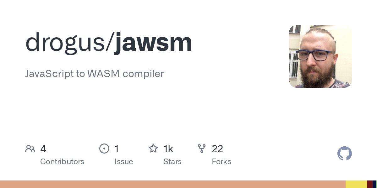 technstuffHQ's tweet card. JavaScript to WASM compiler. Contribute to drogus/jawsm development by creating an account on GitHub.