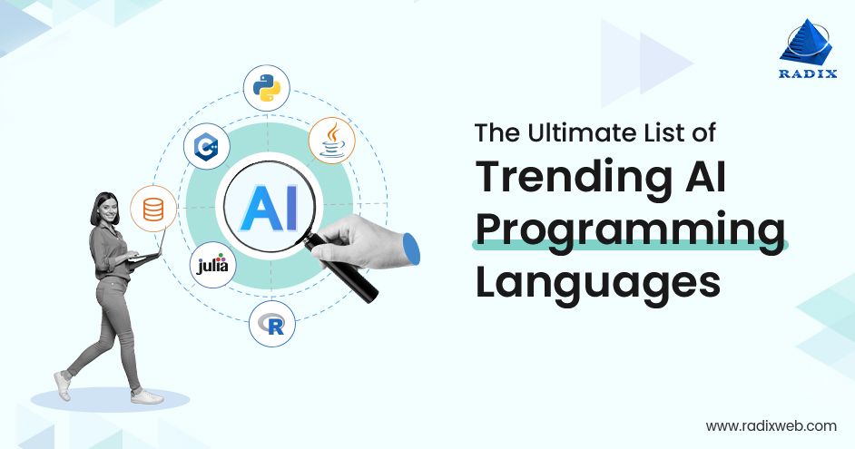 radixweb's tweet card. Explore the top AI programming languages, from Python to Java and understand how they help build efficient, innovative AI solutions for various applications.