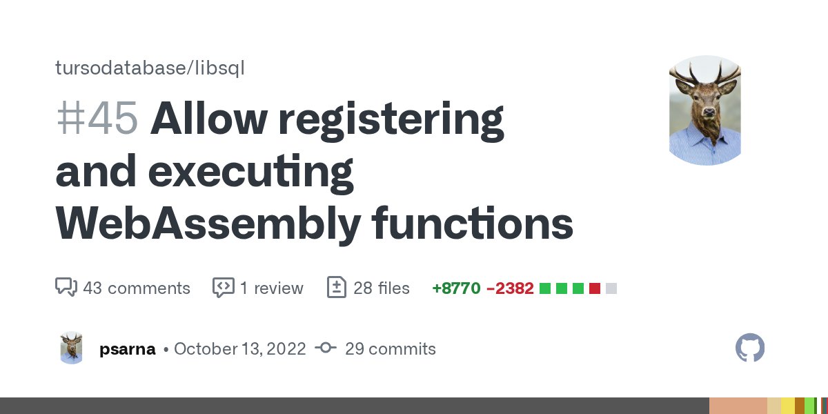 libsqlhq's tweet card. This series implements a mechanism for registering and running Wasm functions. The current runtime of choice is wasmtime and its libwasmtime.so library with C bindings (but a switch to Rust should ...