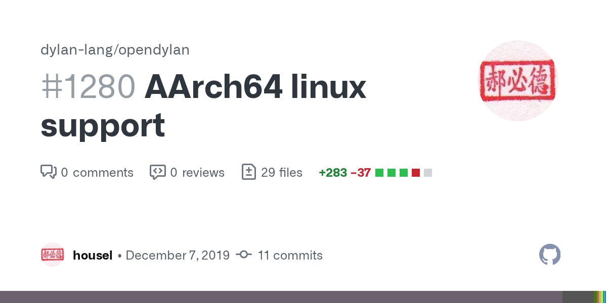DylanLanguage's tweet card. These commits add support for running the Open Dylan compiler and its target output on 64-bit Arm Linux (aarch64-linux) platforms. Tested with LLVM/Clang 9.0.0 on two different AArch64 systems runn...