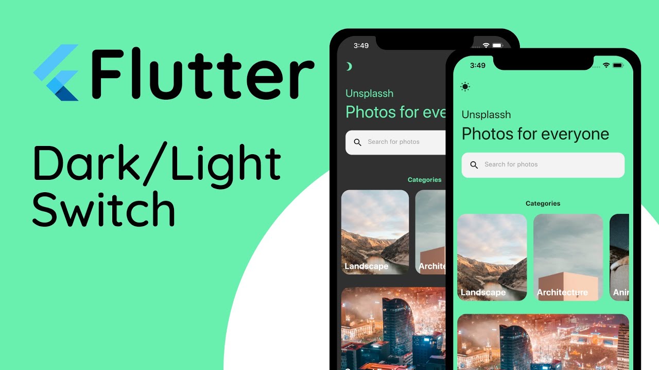 r_FlutterDev's tweet card. Flutter Tutorial Photography UI with Light/Dark mode switch