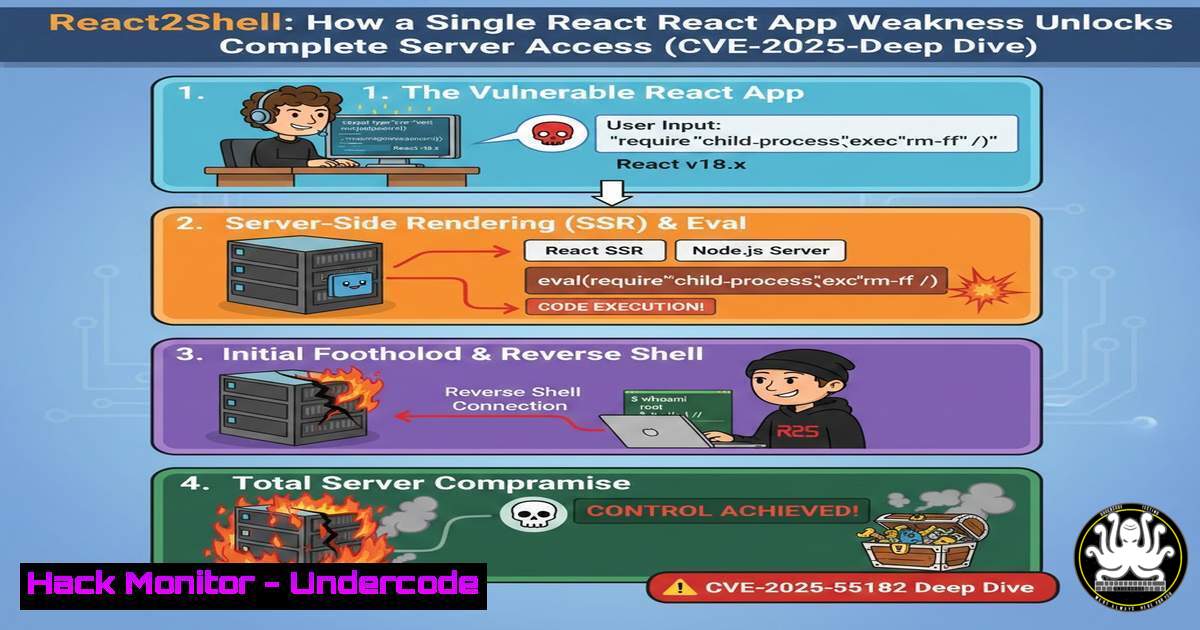 UndercodeUpdate's tweet card. React2Shell: How a Single React App Vulnerability Unleashes Total Server Compromise (CVE-2025-55182 Deep Dive) - "Undercode Testing": Monitor hackers like a
