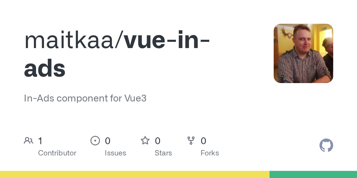 KaasikMait's tweet card. In-Ads component for Vue3. Contribute to maitkaa/vue-in-ads development by creating an account on GitHub.