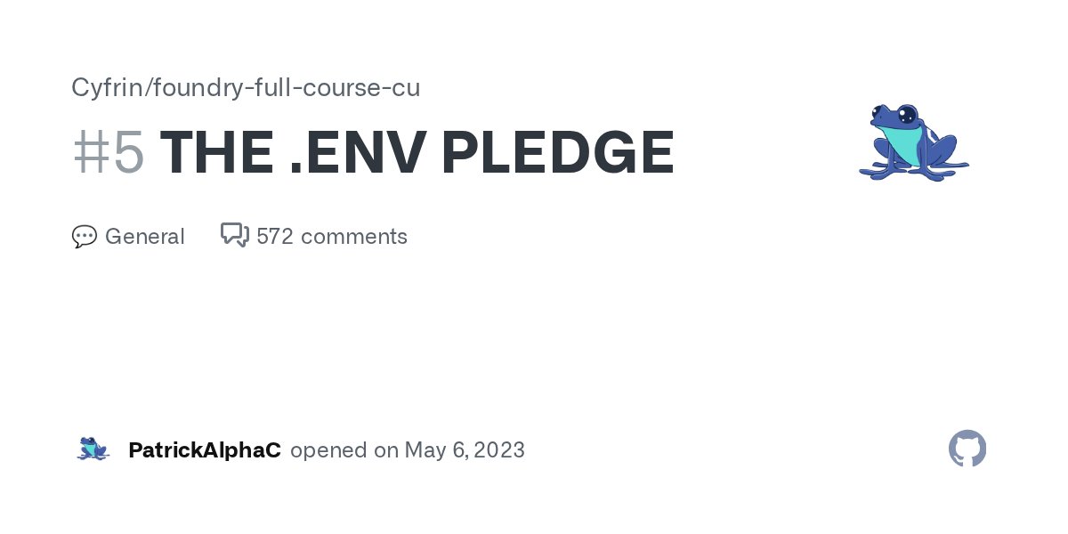 PatrickAlphaC's tweet card. The Pledge I solemnly swear, that I will never place a private key or secret phrase or mnemonic in a .env file that is associated with real funds. I will only place private keys in a .env file that...