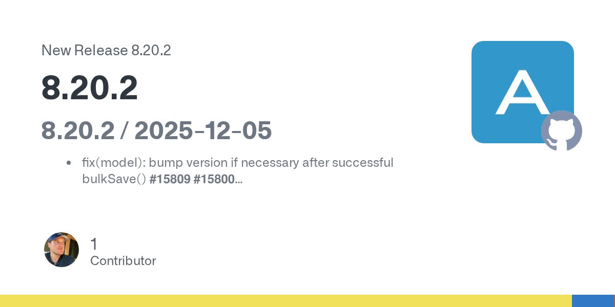 mongoosejs's tweet card. 8.20.2 / 2025-12-05 fix(model): bump version if necessary after successful bulkSave() #15809 #15800 fix(bulkWrite): pass overwriteImmutable option to castUpdate fixes #15789 #15782 #15781 types(sc...