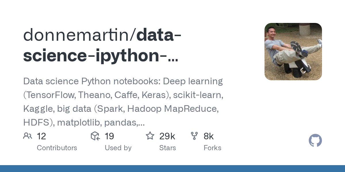patloeber's tweet card. Data science Python notebooks: Deep learning (TensorFlow, Theano, Caffe, Keras), scikit-learn, Kaggle, big data (Spark, Hadoop MapReduce, HDFS), matplotlib, pandas, NumPy, SciPy, Python essentials,...