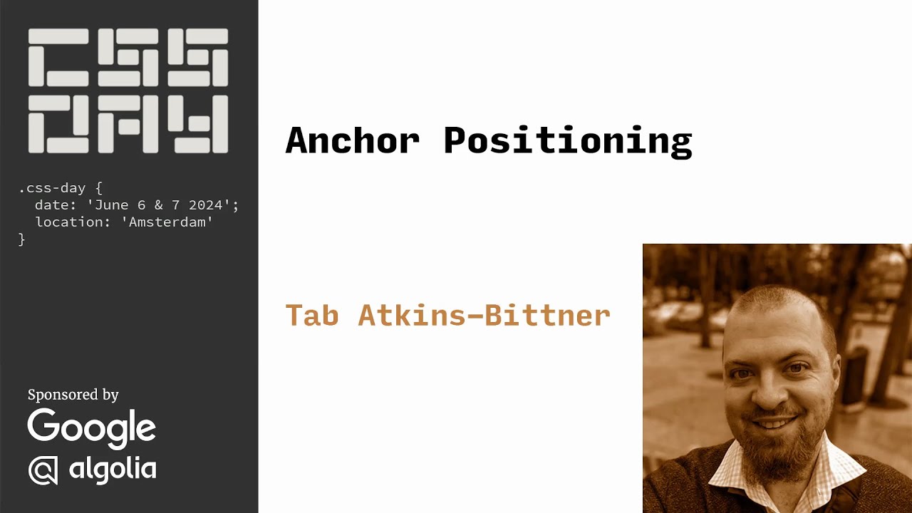 argyleink's tweet card. Anchor Positioning | Tab Atkins-Bittner | CSS Day 2024