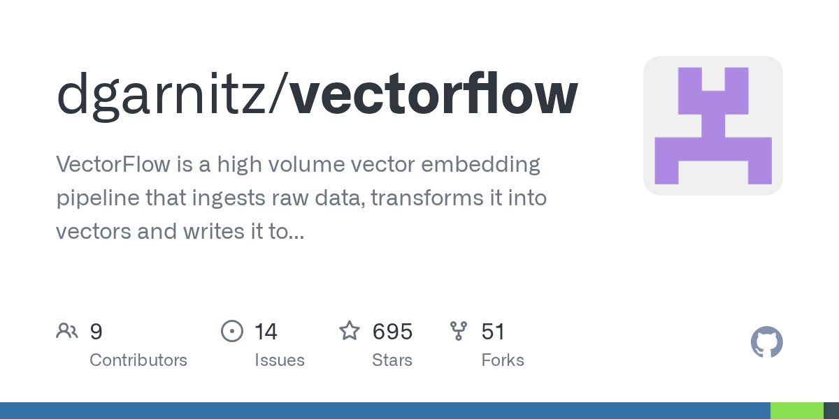 Ashish_Soni08's tweet card. VectorFlow is a high volume vector embedding pipeline that ingests raw data, transforms it into vectors and writes it to a vector DB of your choice. - GitHub - dgarnitz/vectorflow: VectorFlow is a...
