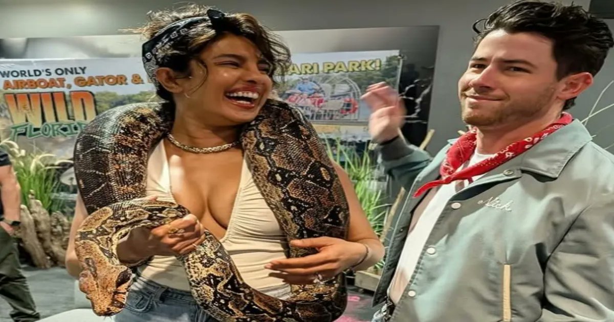 IndianWitness's tweet card. Priyanka Chopra poses with a live python in new post.