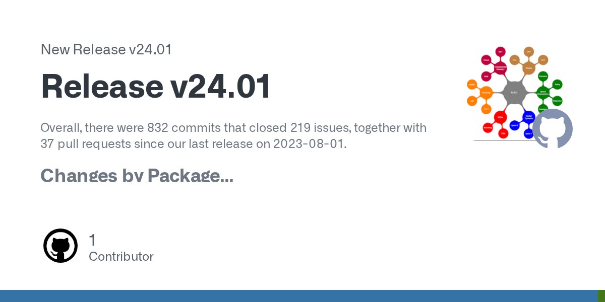 knaaptime's tweet card. Overall, there were 832 commits that closed 219 issues, together with 37 pull requests since our last release on 2023-08-01. Changes by Package libpysal v4.9.2 #629: remove xarray as hard depend...