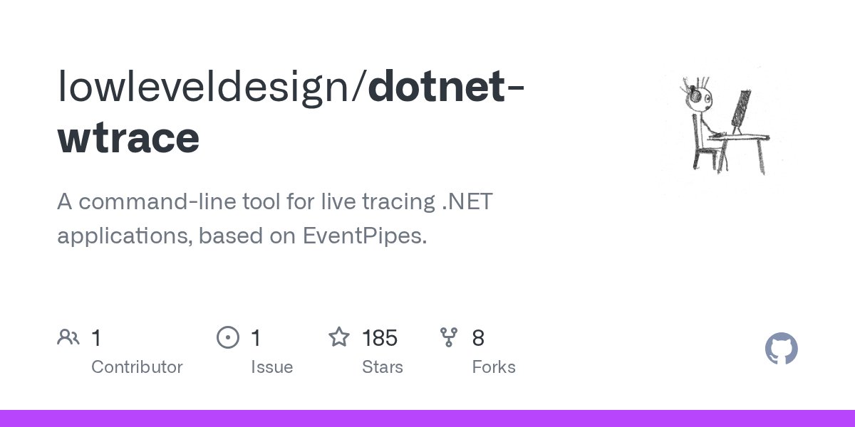 oss_fsharp's tweet card. A command-line tool for live tracing .NET applications, based on EventPipes. - GitHub - lowleveldesign/dotnet-wtrace: A command-line tool for live tracing .NET applications, based on EventPipes.