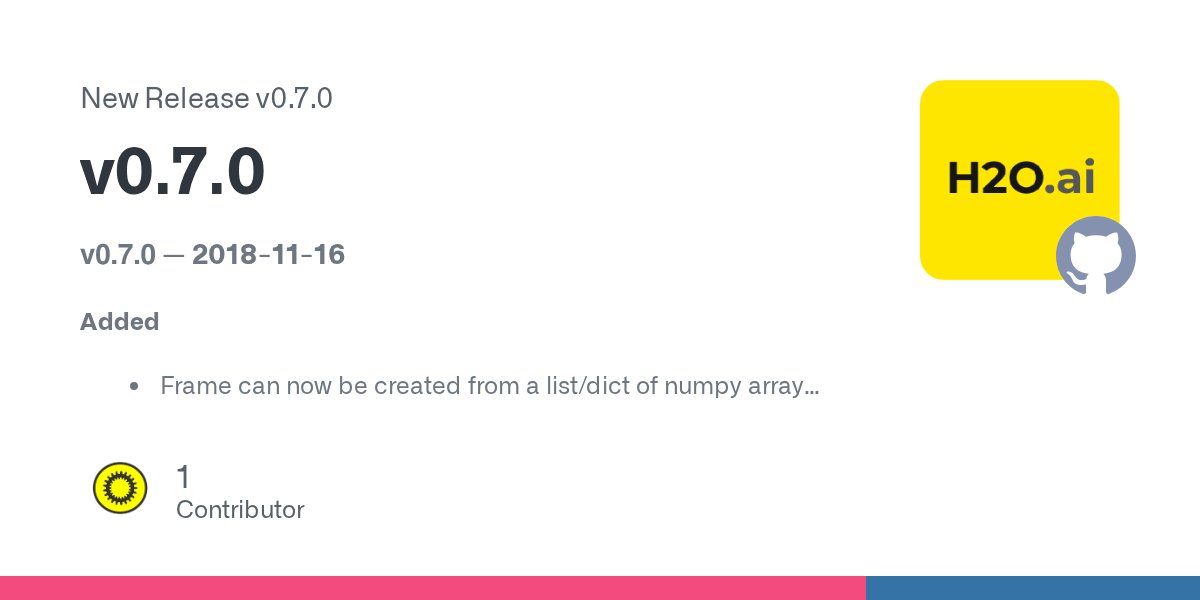 pydatatable's tweet card. v0.7.0 — 2018-11-16 Added Frame can now be created from a list/dict of numpy arrays. Filters can now be used together with groupby expressions. fread's verbose output now includes time spent o...