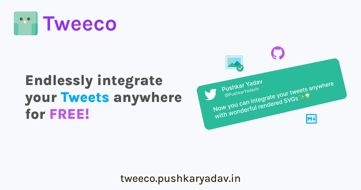 PushkarYadavIn's tweet card. Tweeco let's you integrate your tweets anywhere with a single API endpoint. It may be a specific tweet or all your latest tweets with username